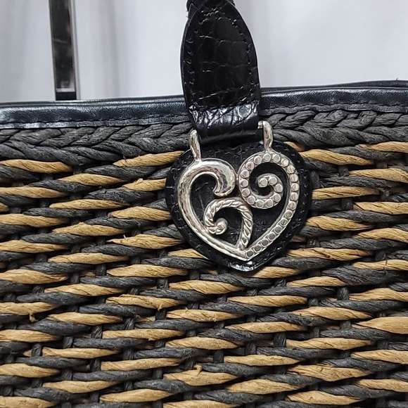 Vintage Brighton Raffia Straw Leather Trim Shoulder Bag - Black & Tan - Picture 3 of 16